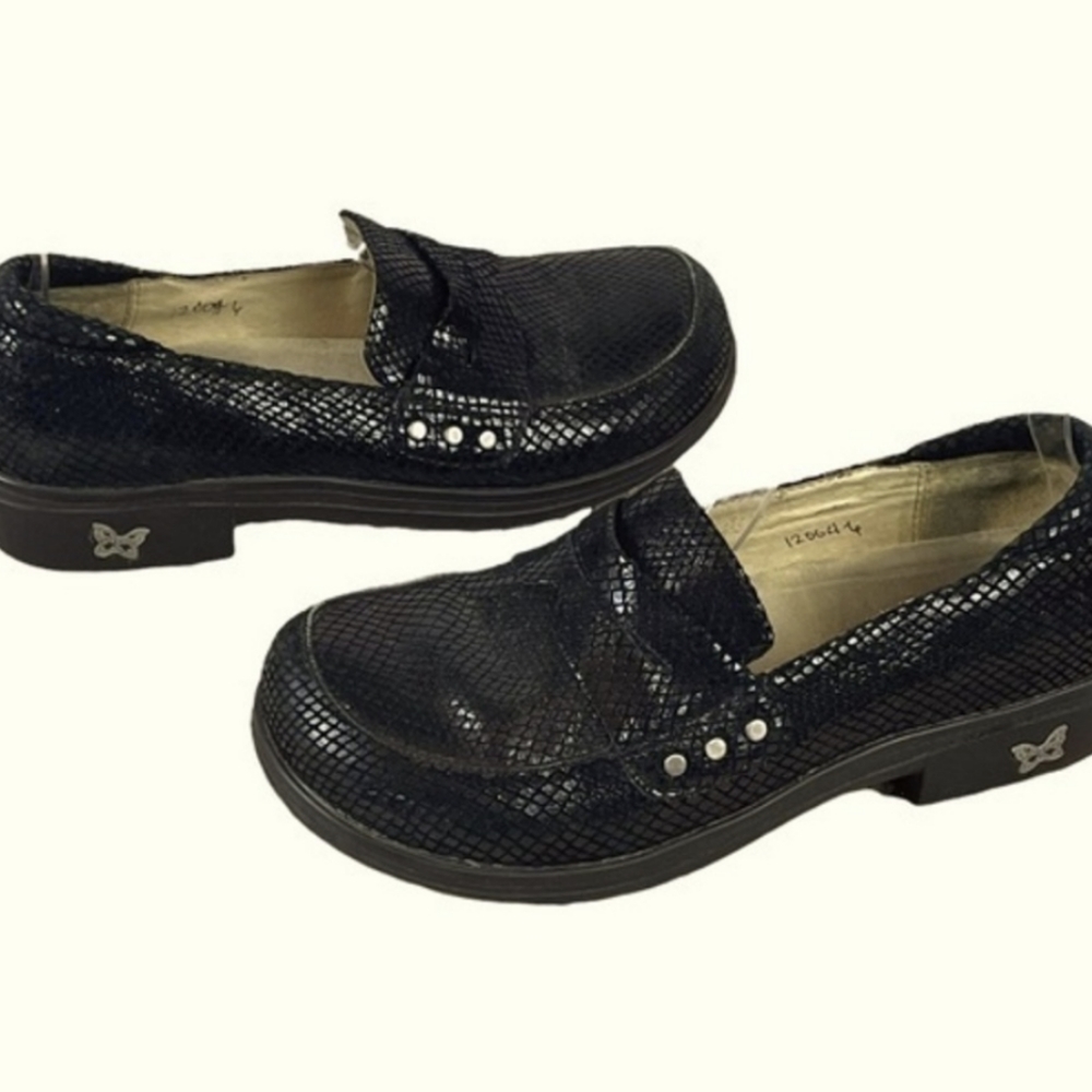 Algeria TAY-721 Black Snake Skin Penny Loafers - Women's size 39, Size 9 US.